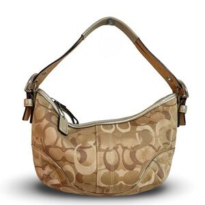 Coach Handbag Signature Tan Satin Leather Hobo Bag Purse 0495